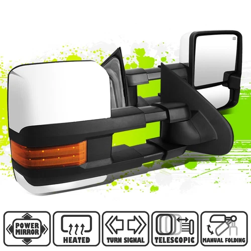Chrome Powered Heated Amber LED Signal Towing Mirrors for Sierra Silverado 14-17