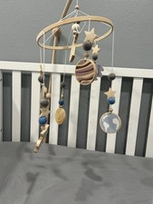 Boho Baby Crib Mobile Decor - Wooden Moon and Stars Nursery Mobiles with Blue