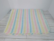 Vintage Thermal Pastel Stripe Acrylic Baby Blanket Open Weave Pink Blue Yellow