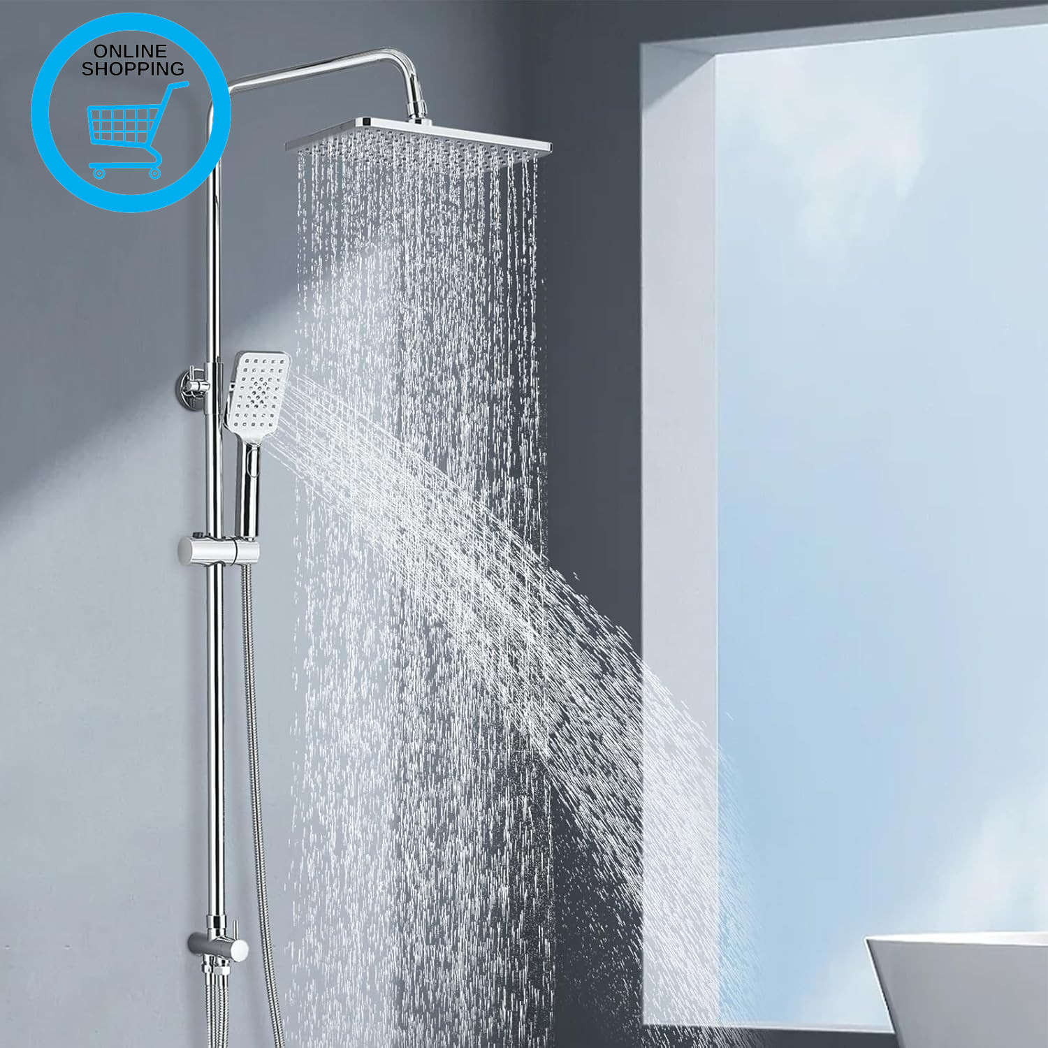 Shower Riser Rail Kit Adjustable Chrome Square Rainfall Shower Head 29 * 19Cm an