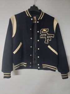 VINTAGE 70s Pull Varsity Letterman A Col Rond Marine Rouge Sport