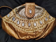 Vintage 80s metallic brown and gold leather clutch. Crossbody. Handbag