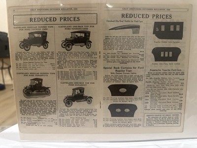 1920 Cray Brothers Bulletin Ford Model T Auto Tops Reduced Prices Catalog US!! 