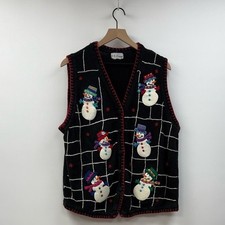 Vintage BP Design Snowman Tacky Ugly Christmas Chunky Knit Holiday Vest Black