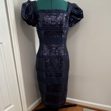 Jovani 09405A Navy Sequin Puff Sleeve Square Neck Sheath Dress Size 8