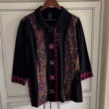 Ali Miles Boho Artsy Patchwork Black Floral Cotton Button Jacket Women's Large