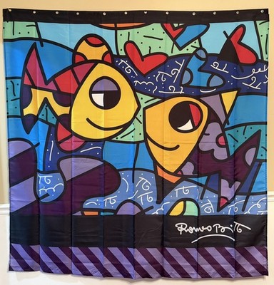 Romero Britto Shower Curtain Pop Art Fish Deeply In Love. 70x70 Inches. Retired