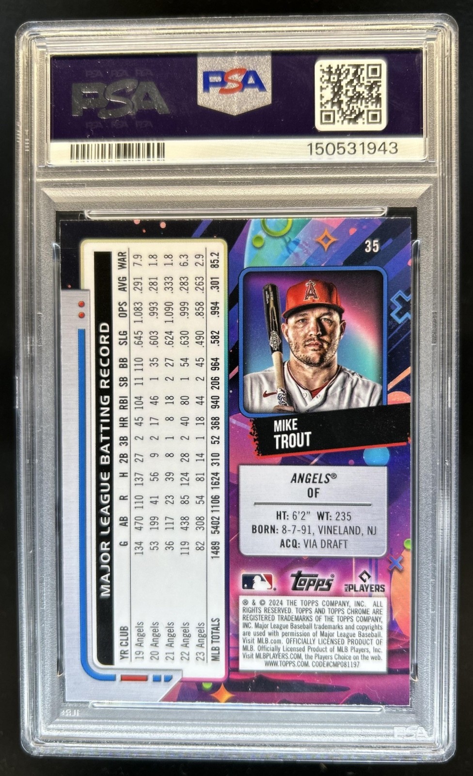 2024 Topps Cosmic Chrome Mike Trout Refractor Purple Nebula #/150 Angels PSA 5 view 2