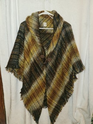 Women's Knit Striped Fringe Shawl Wrap One Size Brown Black Beige