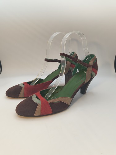 Coclico Multicolor Suede Ankle Strap Heel Shoes Women's Size 38.5 Brown Red Blue