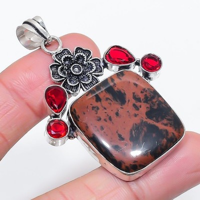 Natürlicher Mahagoni Obsidian Granat 925 Sterlingsilber Schmuck Anhänger 2,36'' Q448