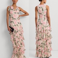Ralph Lauren Womens Pink Floral Crinkle Georgette Tiered Gown Dress Size 12 325