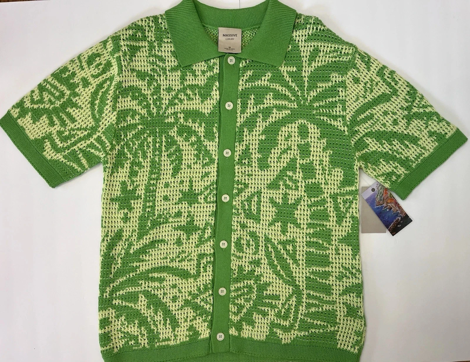 NWT Massive Luxury Knit Crochet Short Sleeve Button Shirt Palm Green