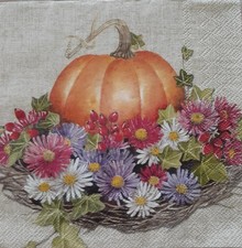 2 individual Paper Decoupage NAPKINS -FALL PUMPKIN THANKSGIVING FLOWERS