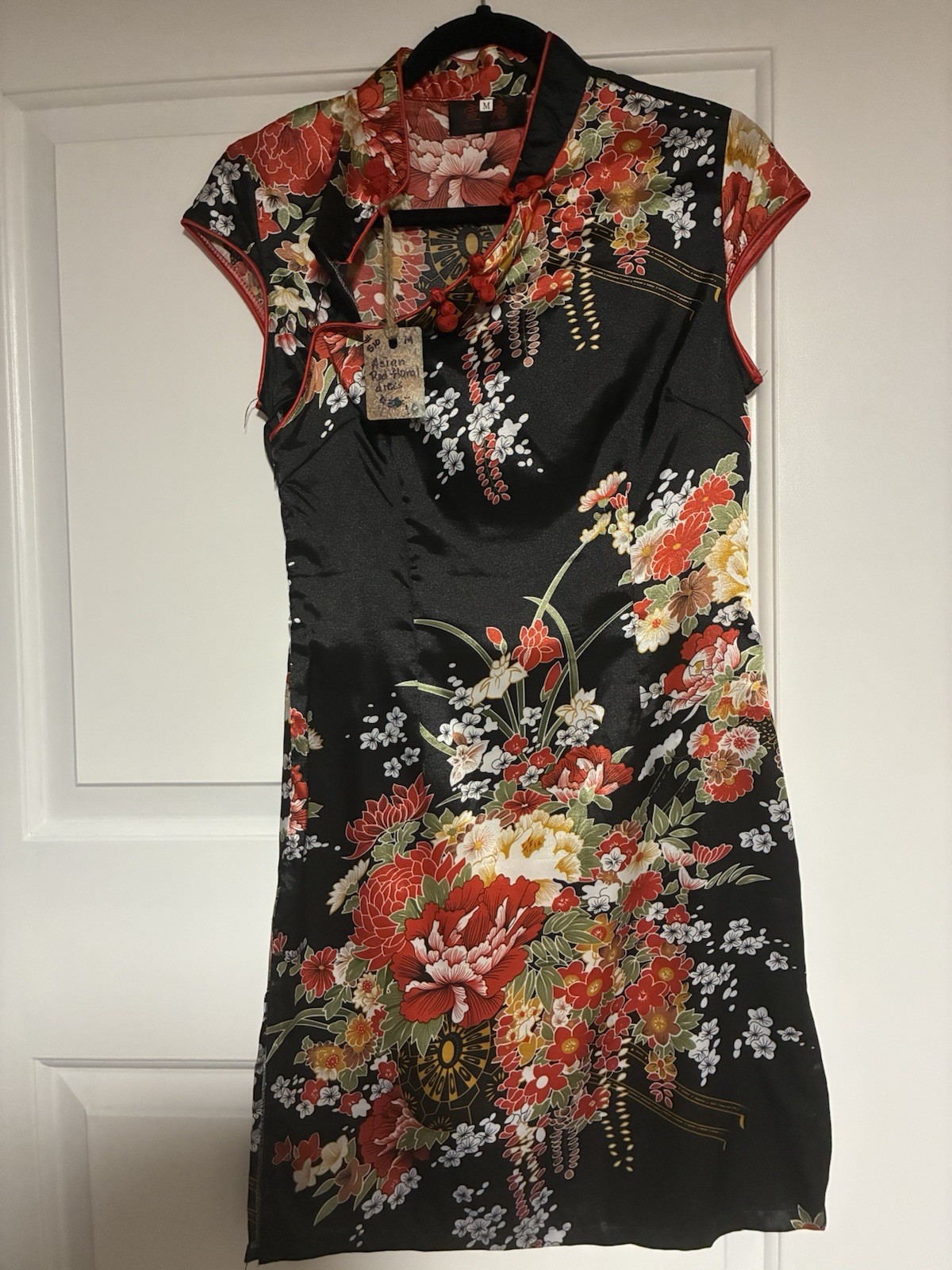 guan tang Satin Cheongsam Qipao Dress Floral Mandarin Collar Short Sleeve Size M
