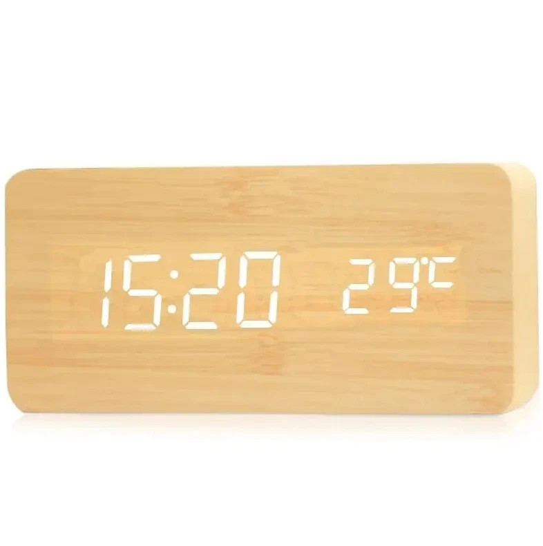 1pc Wooden Digital LED Alarm Clock with Temperature Display & 3 Alarms