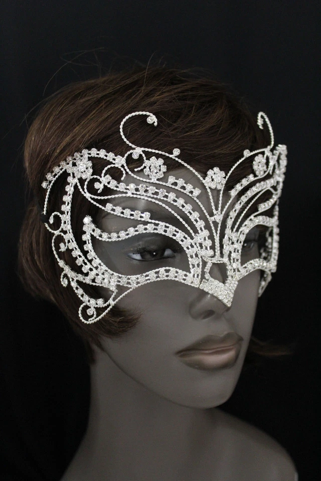Donna Mezza Viso Eye Costume Maschera Metallo Argento Farfalla Fiori Halloween - Immagine 4 di 4