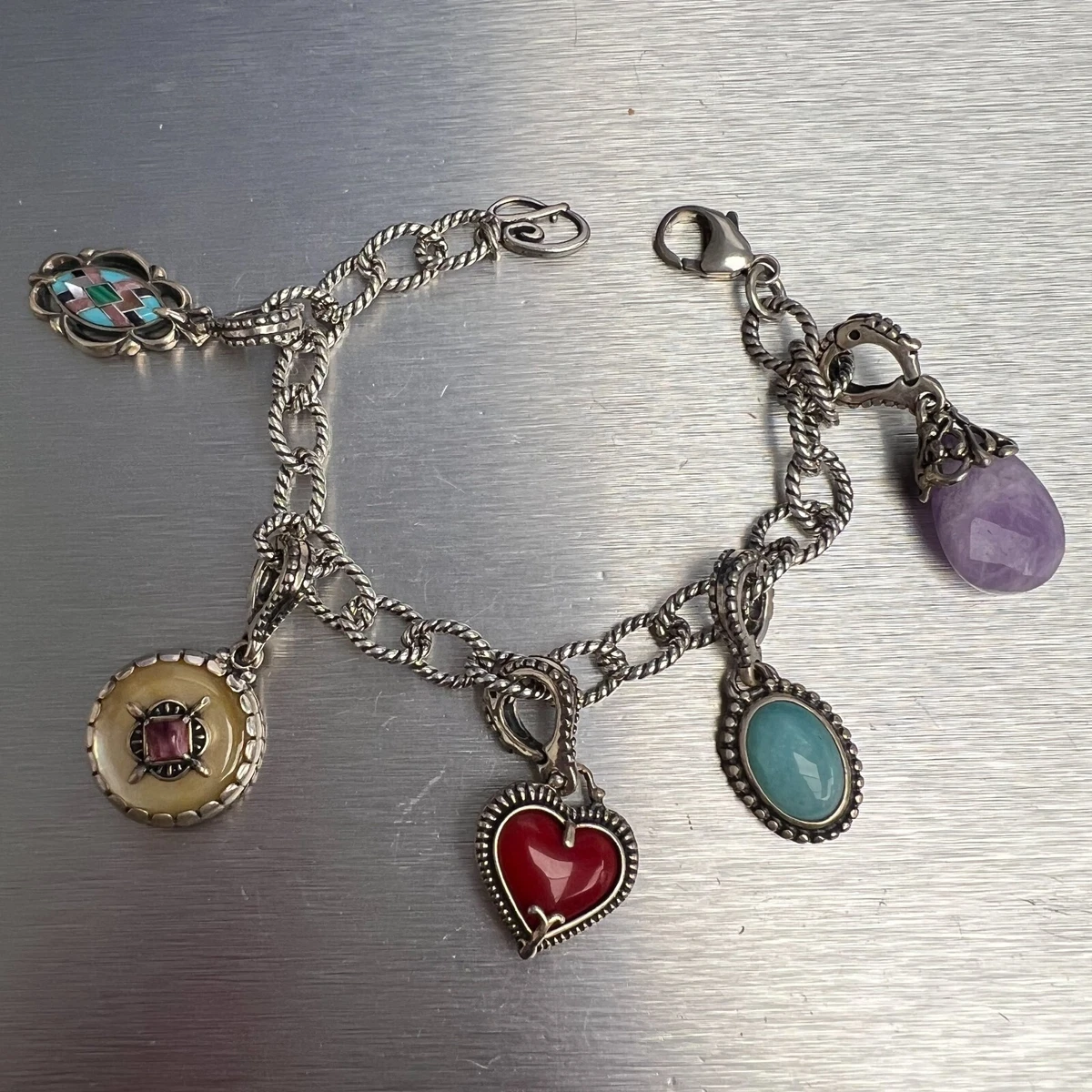 Carolyn Pollack 925 Sterling Bracelet 5 Bejeweled Enhancer Charms 7.5