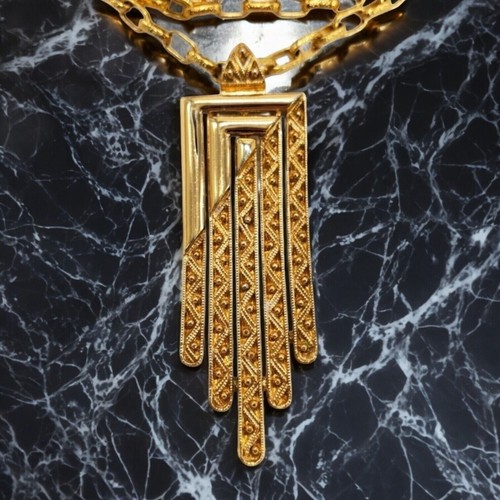 Vtg Signed Monet Art Deco Necklace Gold Tone Mixed Texture Drop Pendant 26" - 第 1/14 張圖片