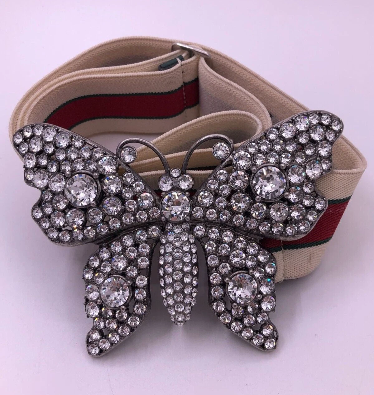 Ceinture Gucci jacquard cristal rayures papillon boucle élastique 75 30