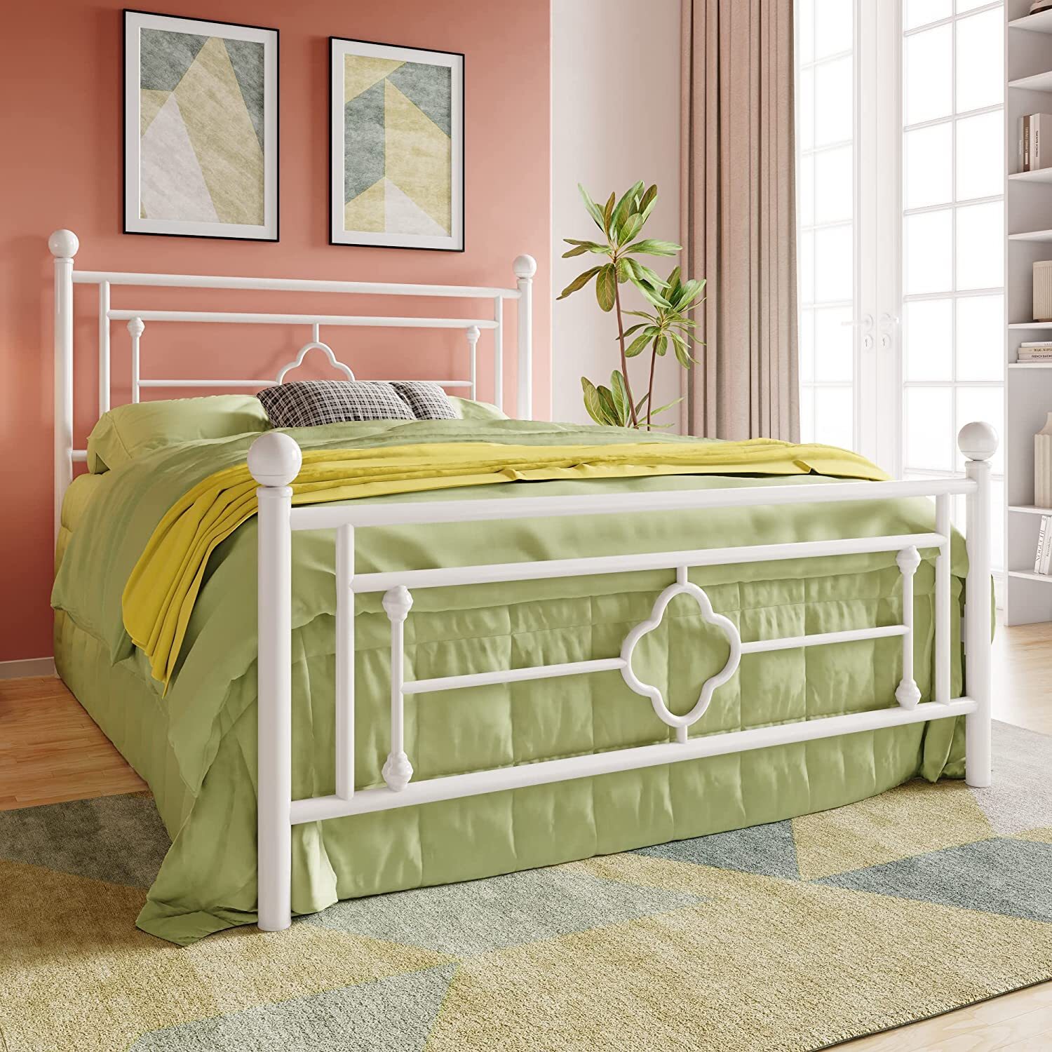14 Inch Full Size Metal Platform Bed with Vintage Headboard 