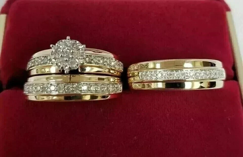 14K Gold Plated His & Her Trio Ring Set with Lab Diamonds  
