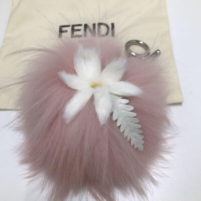 Authentic FENDI Fur Charm Key Ring Key Chain Pink Pom Pom leather