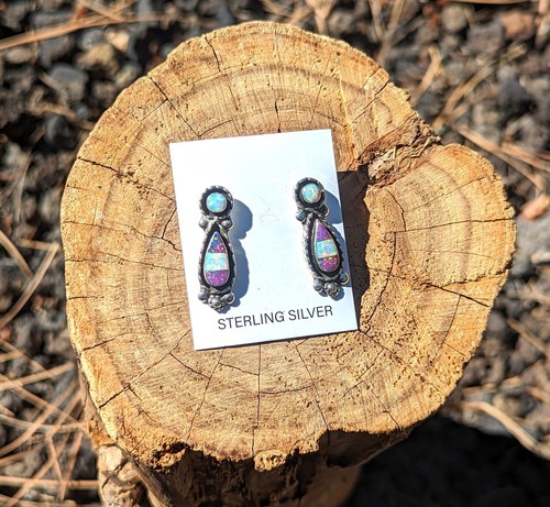 Handcrafted Native American Sterling Silver Opal Earrings Zuni Jewelry - Picture 2 of 10