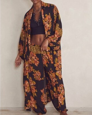 Free People Kimono Duster Robe Black Orange Floral Fall  Monday Morning One Size