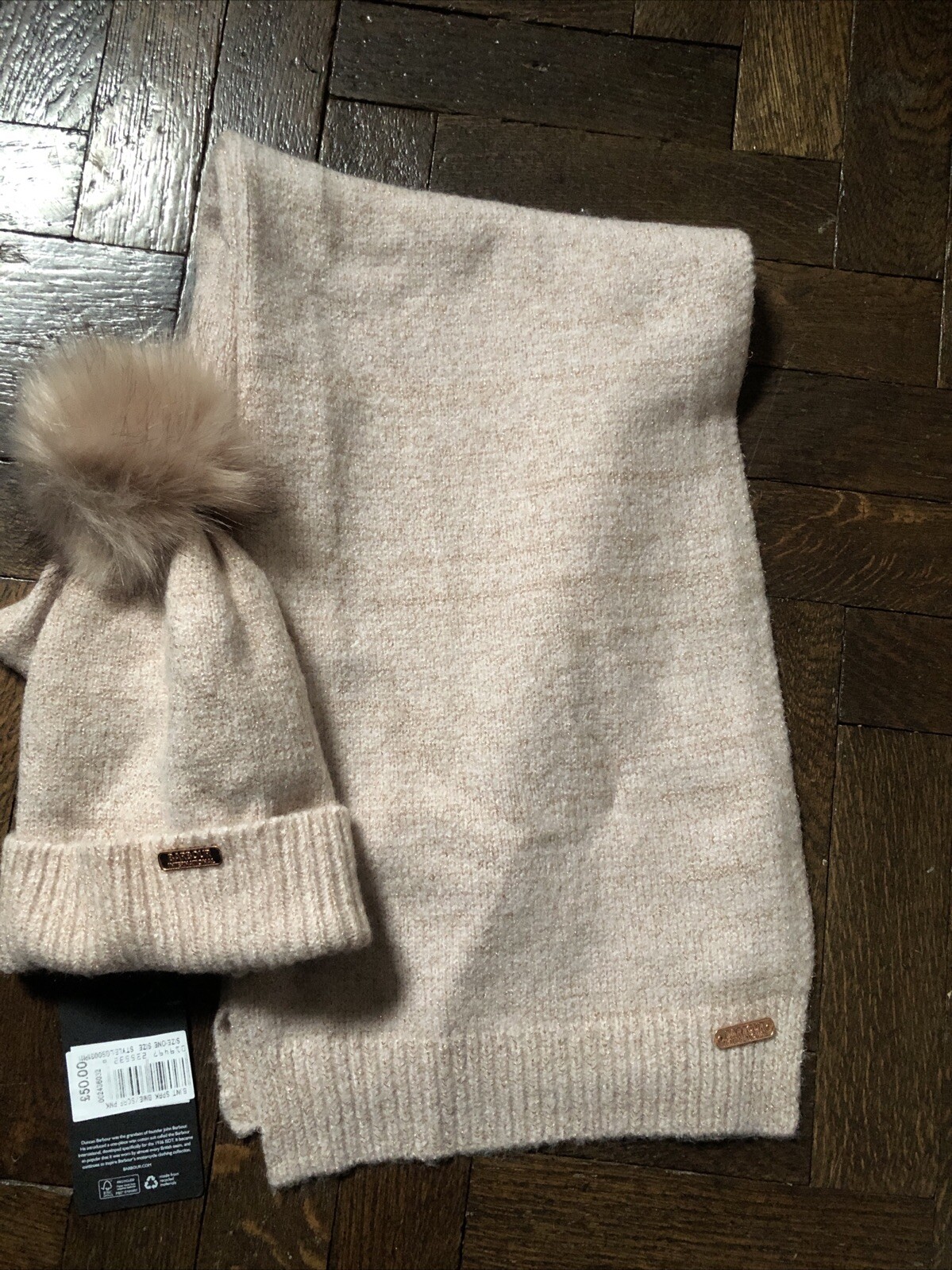 Barbour Beanie & Scarf Set Pink Rose Gold Sparkle Pom Pom Warm Casual Country