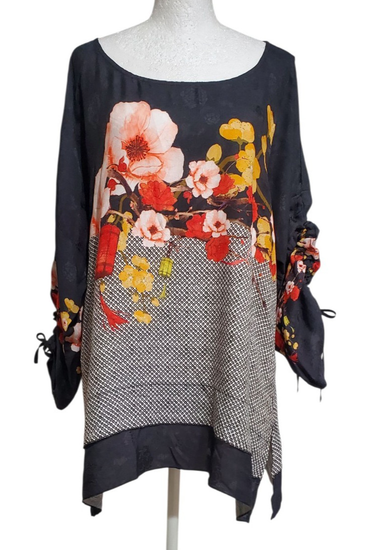 Citron Santa Monica Floral Silk Blend Cold Shoulder Top Size Large Ruched Sleeve