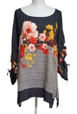 Citron Santa Monica Floral Silk Blend Cold Shoulder Top Size Large Ruched Sleeve