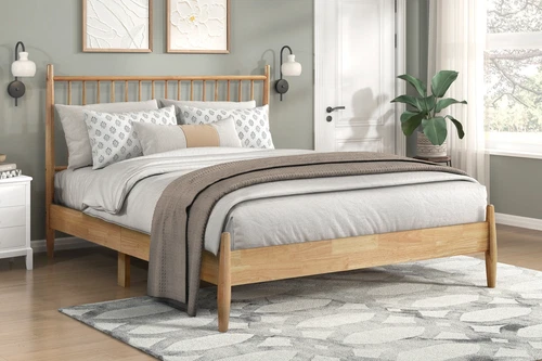 Mid-Century Modern Design Full Platform Bed 1pc Natural Finish Wooden Bedroom Fu