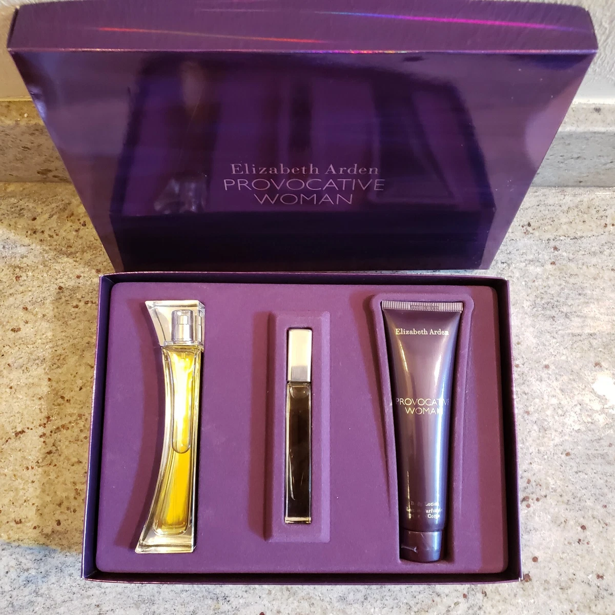 Elizabeth Arden Provocative Woman Perfume Set 1.7 oz Spray Roll On Body Lotion