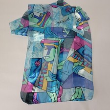 Picasso Style Scarf Long 59" x 13" Blue Floral Abstract Faces Artistic Scarf