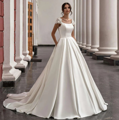 Gorgeous Satin Wedding Dresses Cap Sleeve Scoop Neck wers Court Train A e Prince