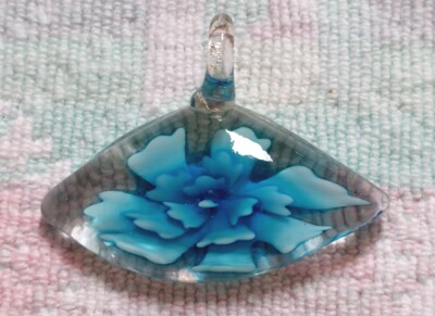 Handcrafted Clear with Blue & White Floral Murano Style Glass Pendant
