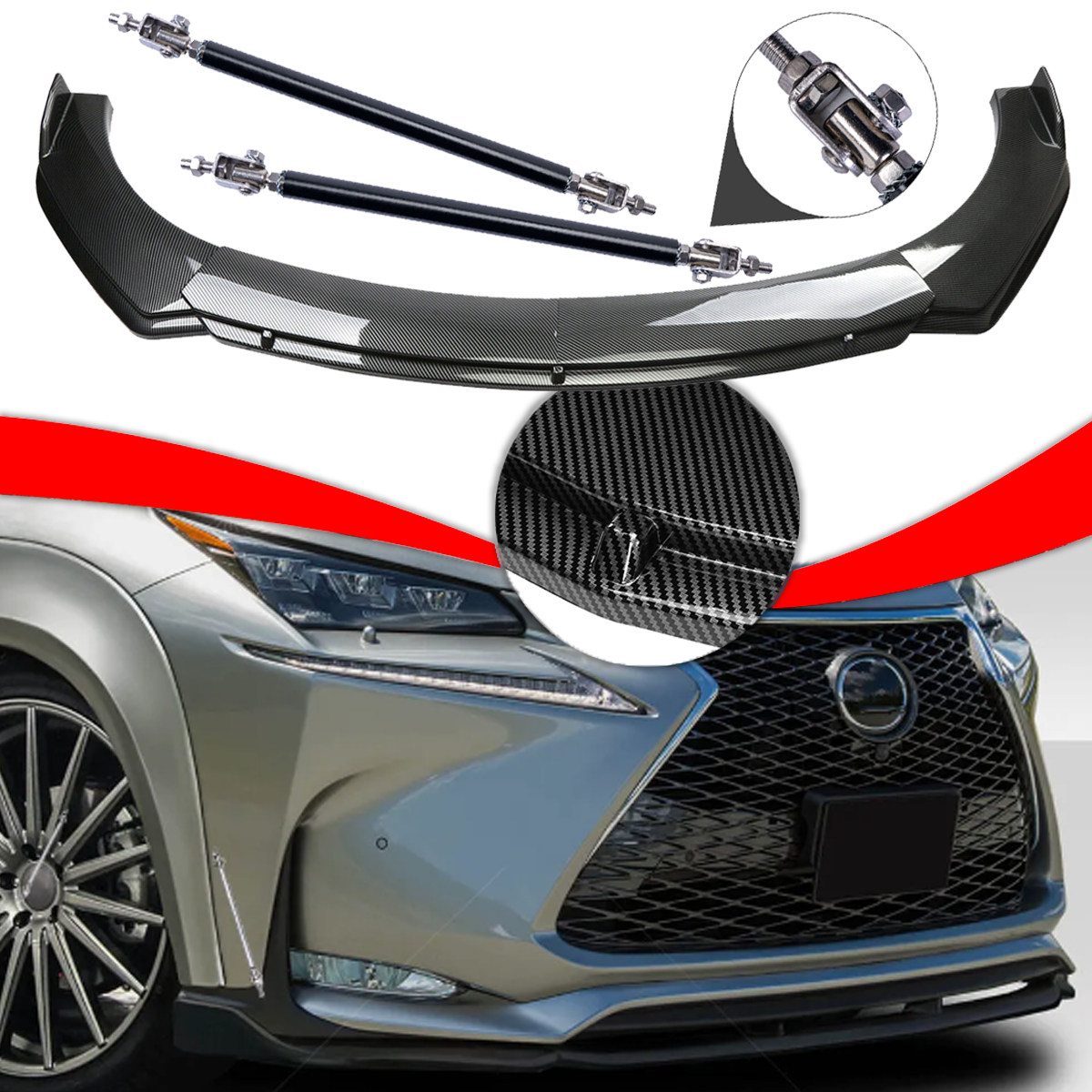 For Lexus Carbon Fiber Style Front Bumper Lip Spoiler Strut Rods