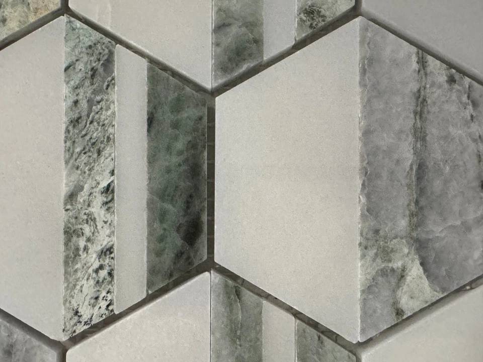 Azulejo hexagonal de mosaico de mármol piedra blanca/gris/verde S63 cocina baño Foto 3 de 4