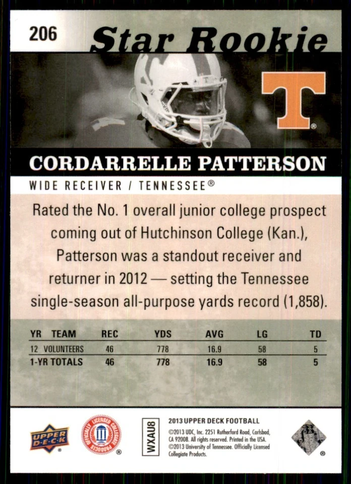 2013 Upper Deck Cordarrelle Patterson Rookie Tennessee Volunteers #206 - Image 2 of 2