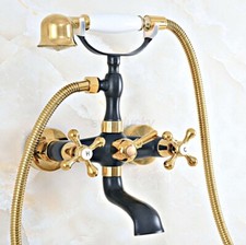 Gold  Black Brass Wall Mount Clawfoot Bath Tub Filler Faucet with Hand Shower