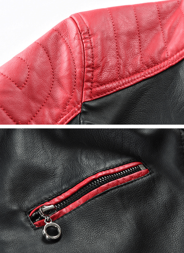 New men's standing collar color matching zippered cardigan leather jacket - Picture 14 of 20