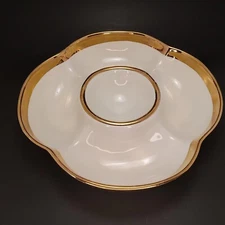 Vtg Laurie Gates White and Gold Chip and Dip Platter, Los Angeles Pottery 11X11
