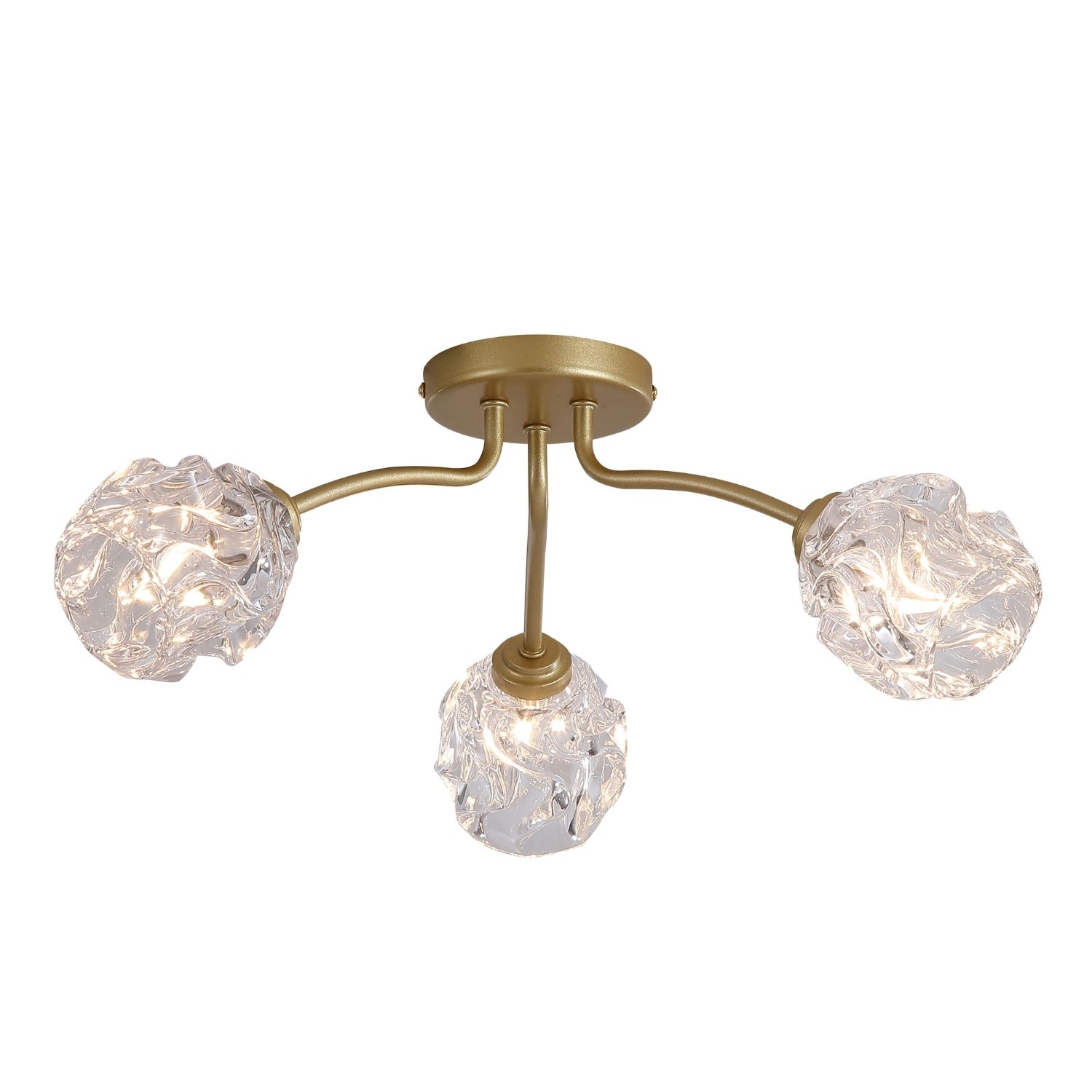 Flush Ceiling Light 3 Light Gold Metal Crumpled Glass Shades G9 Dimmable IP20