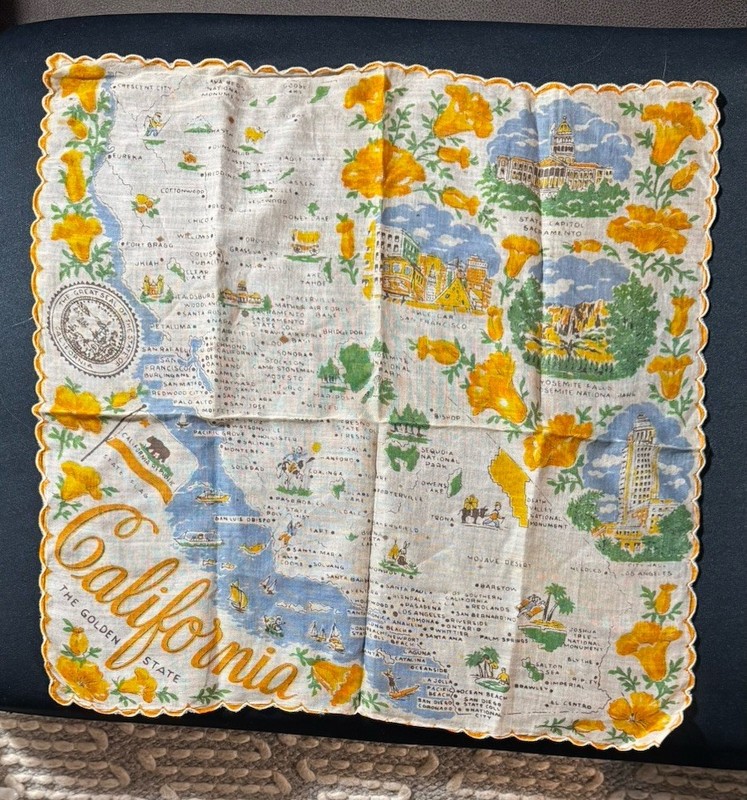 Vintage MCM Handkerchief CALIFORNIA State Design Souvenir 13x13” Scalloped