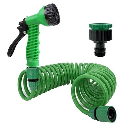 7.5M Coiled Garden Hose Pipe Flexible Recoil Water Hose 7 Mode Spray Gun & Adapt