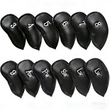 12-Piece Black Leather Golf Iron Head Covers with Embroidered