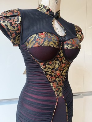 10 - 12 CATWALK COLLECTION Y2K PENCIL DRESS RUCHED CHIFFON RED GOLD BLACK DRAGON