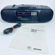 SONY CFD-12 MEGA BASS Boombox CD Radio Cassette w Manual Cord WORKING NEW BELTS