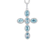 Blue & White Zircon Rhodium Over Sterling Silver Cross Pendant W/Chain 5.60 NEW